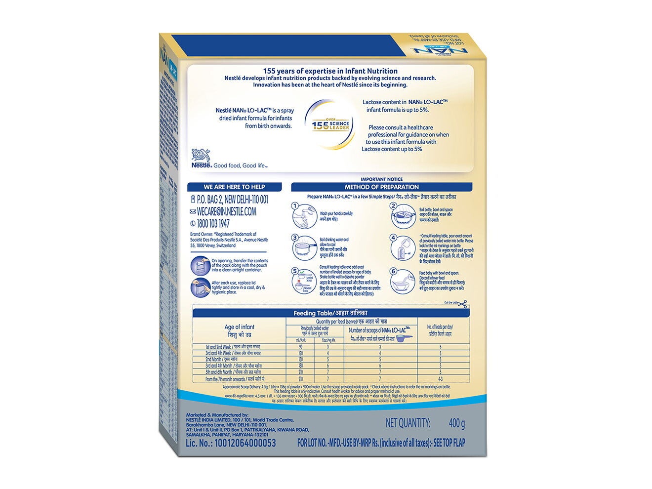 Nestlé Nan Lo Lac Infant Formula Powder 400 Grams Back